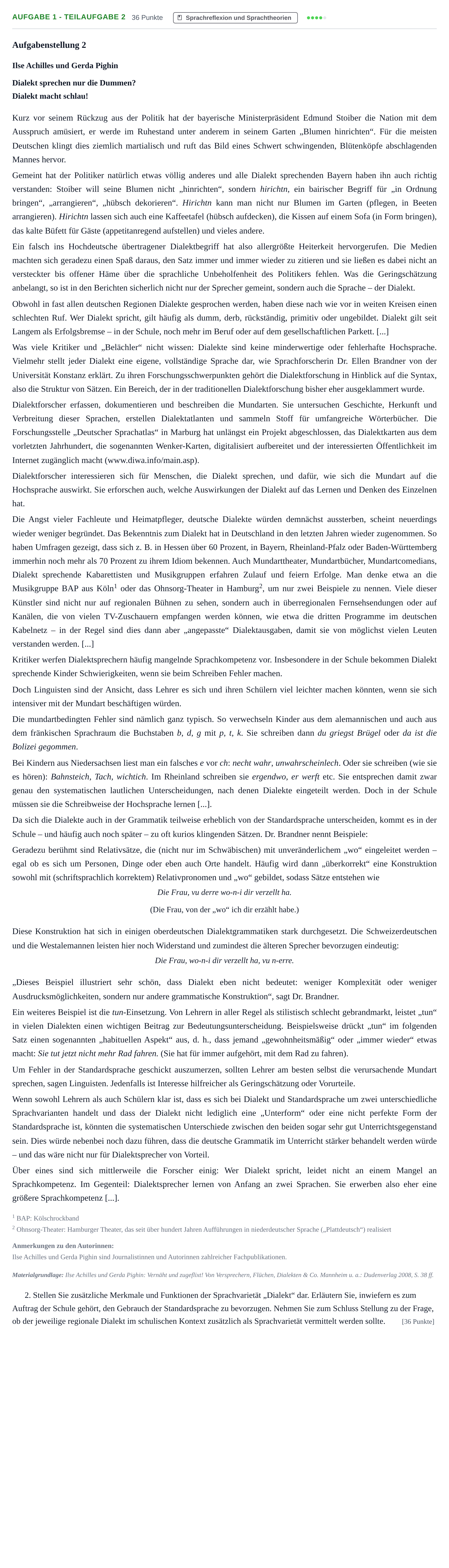 Aufgabenstellung: Aufgabe 1 - Teilaufgabe 2 · Abitur NRW Deutsch GK · Nachtermin 2022