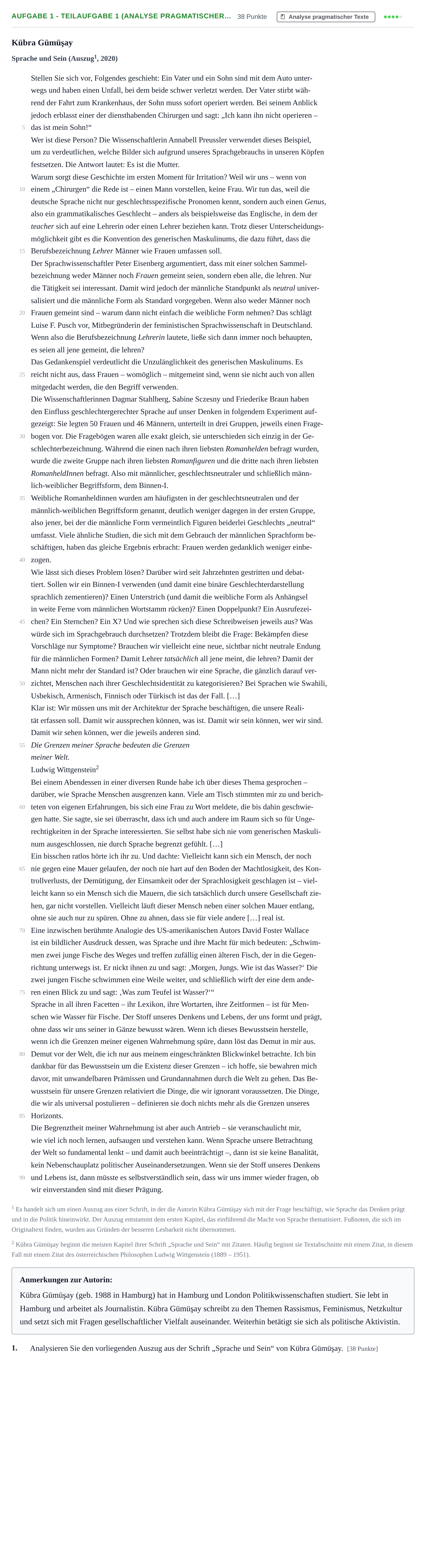 Aufgabenstellung: Aufgabe 1 - Teilaufgabe 1 (Analyse pragmatischer… · Abitur NRW Deutsch LK · Haupttermin · Weiterbildungskolleg 2022