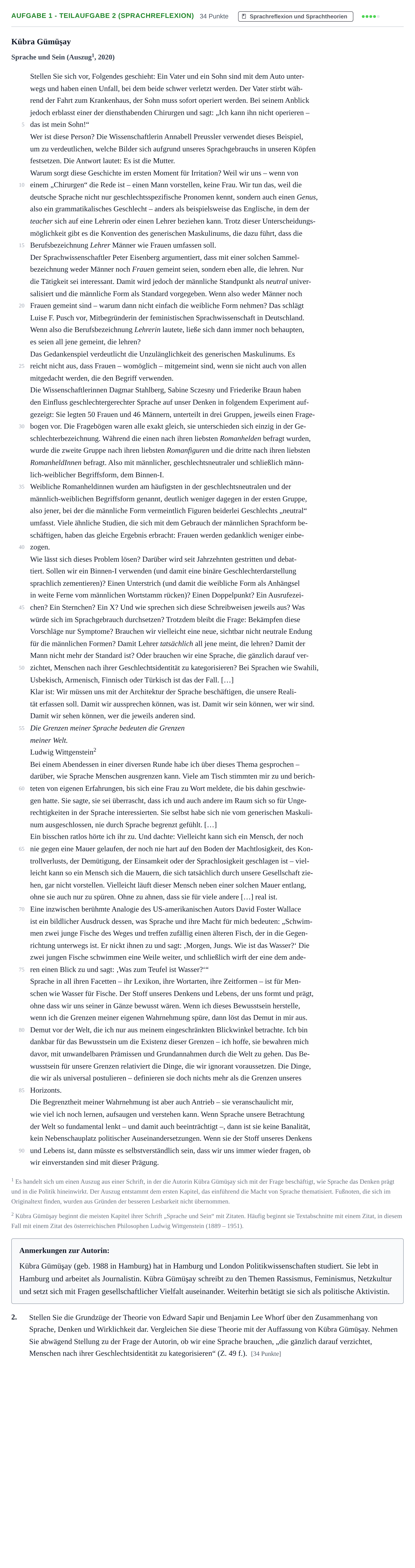 Aufgabenstellung: Aufgabe 1 - Teilaufgabe 2 (Sprachreflexion) · Abitur NRW Deutsch LK · Haupttermin · Weiterbildungskolleg 2022
