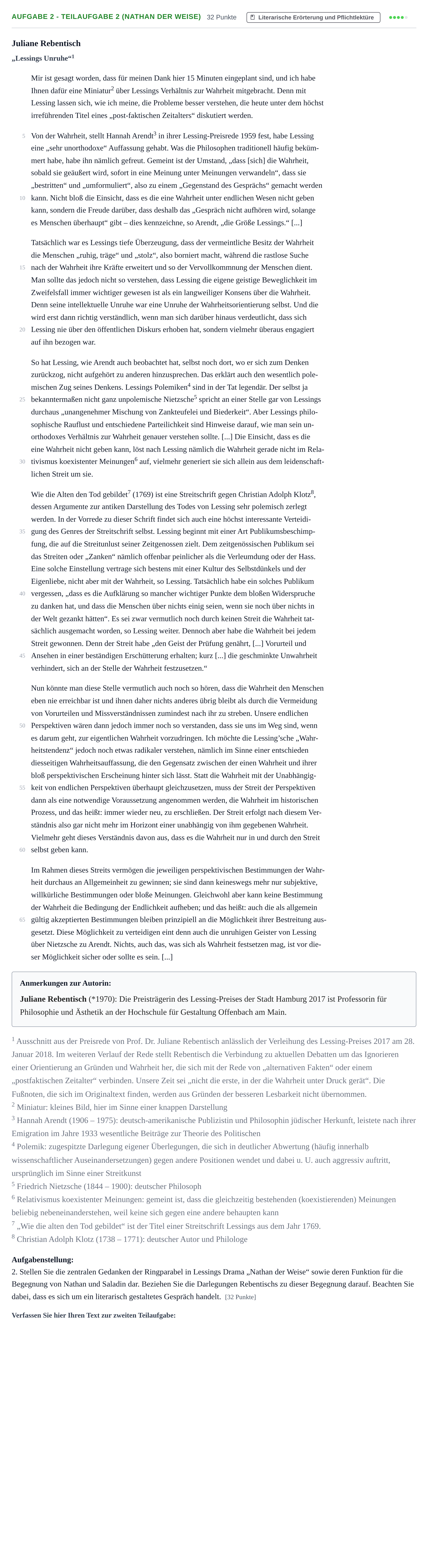 Aufgabenstellung: Aufgabe 2 - Teilaufgabe 2 (Nathan der Weise) · Abitur NRW Deutsch LK · Haupttermin · Weiterbildungskolleg 2022