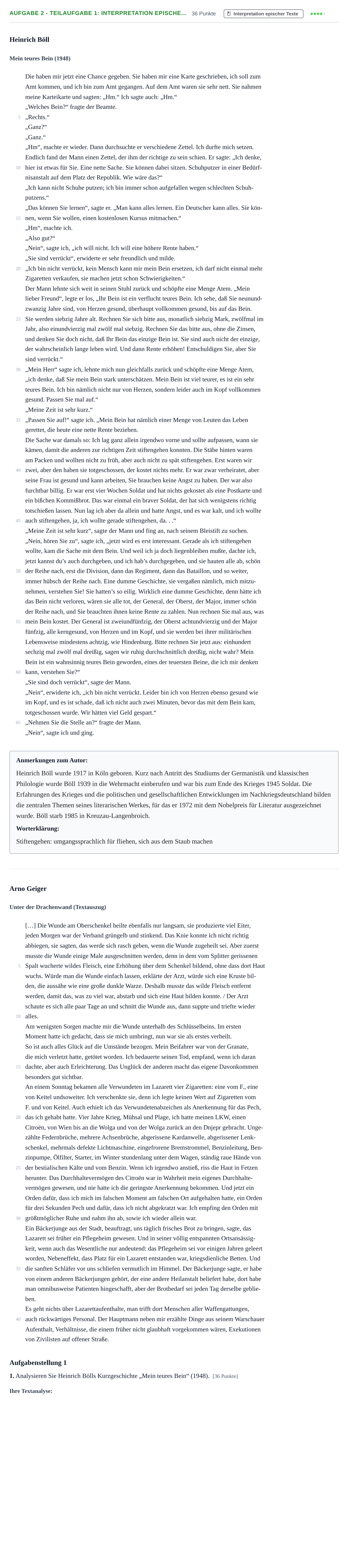 Aufgabenstellung: Aufgabe 2 - Teilaufgabe 1: Interpretation epische… · Abitur NRW Deutsch LK · Nachtermin 2022