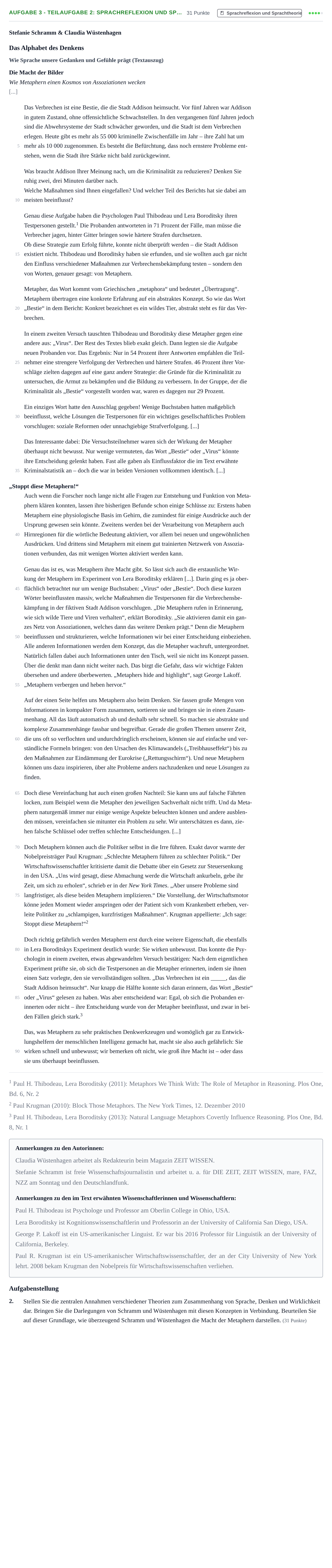 Aufgabenstellung: Aufgabe 3 - Teilaufgabe 2: Sprachreflexion und Sp… · Abitur NRW Deutsch LK · Nachtermin 2022