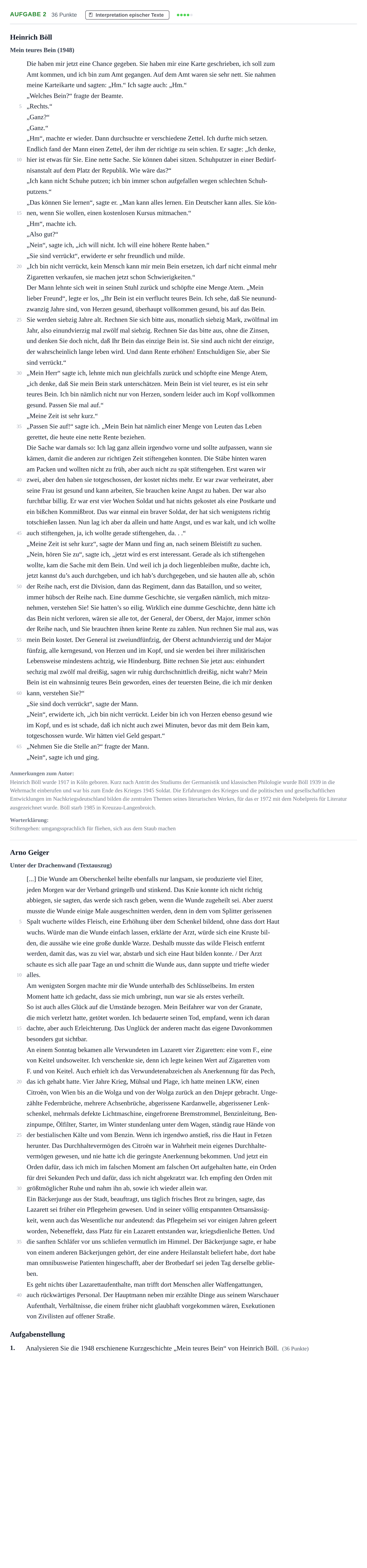 Aufgabenstellung: Aufgabe 2 - Interpretation epischer Texte · Abitur NRW Deutsch LK · Nachtermin · Weiterbildungskolleg 2022