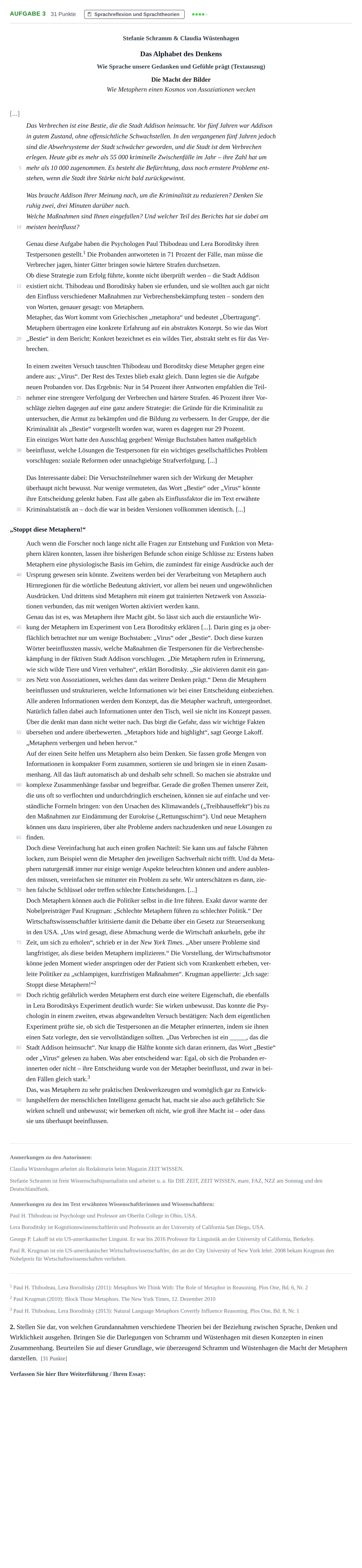 Aufgabenstellung: Aufgabe 3 - Sprachreflexion und Sprachtheorien · Abitur NRW Deutsch LK · Nachtermin · Weiterbildungskolleg 2022