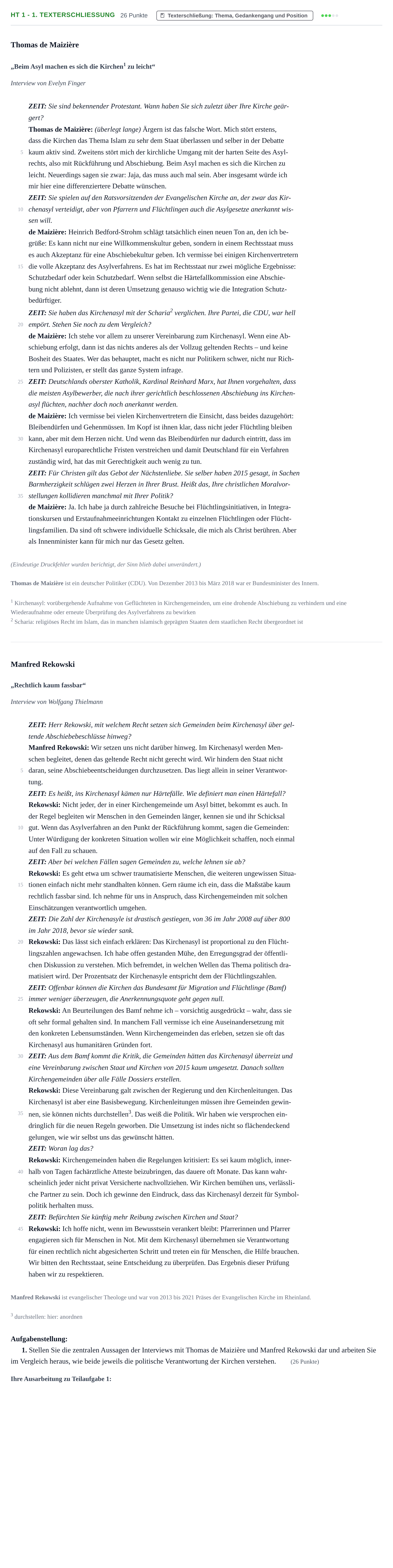 Aufgabenstellung: Aufgabe HT 1 - 1. Texterschließung · Abitur NRW Evangelische Religion GK · Haupttermin 2021