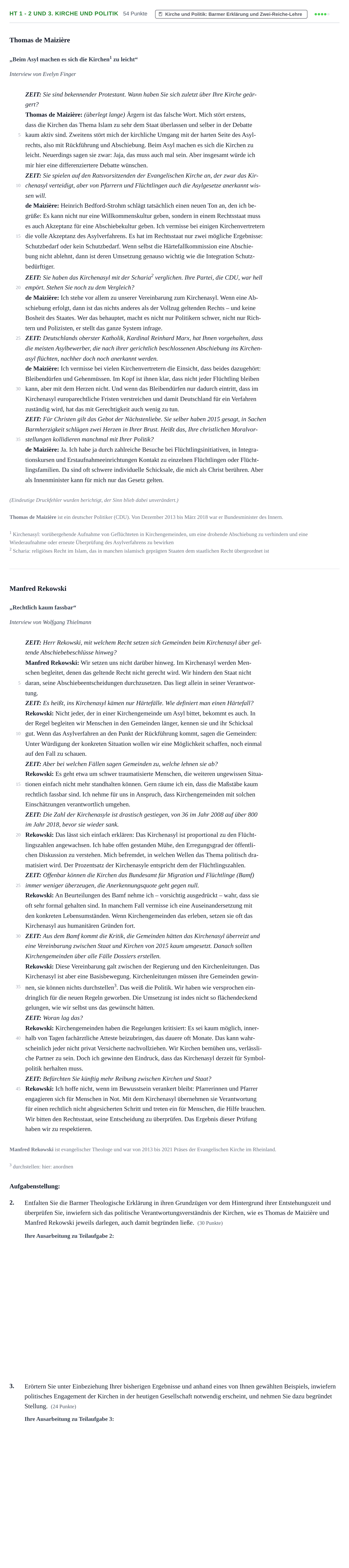 Aufgabenstellung: Aufgabe HT 1 - 2 und 3. Kirche und Politik · Abitur NRW Evangelische Religion GK · Haupttermin 2021