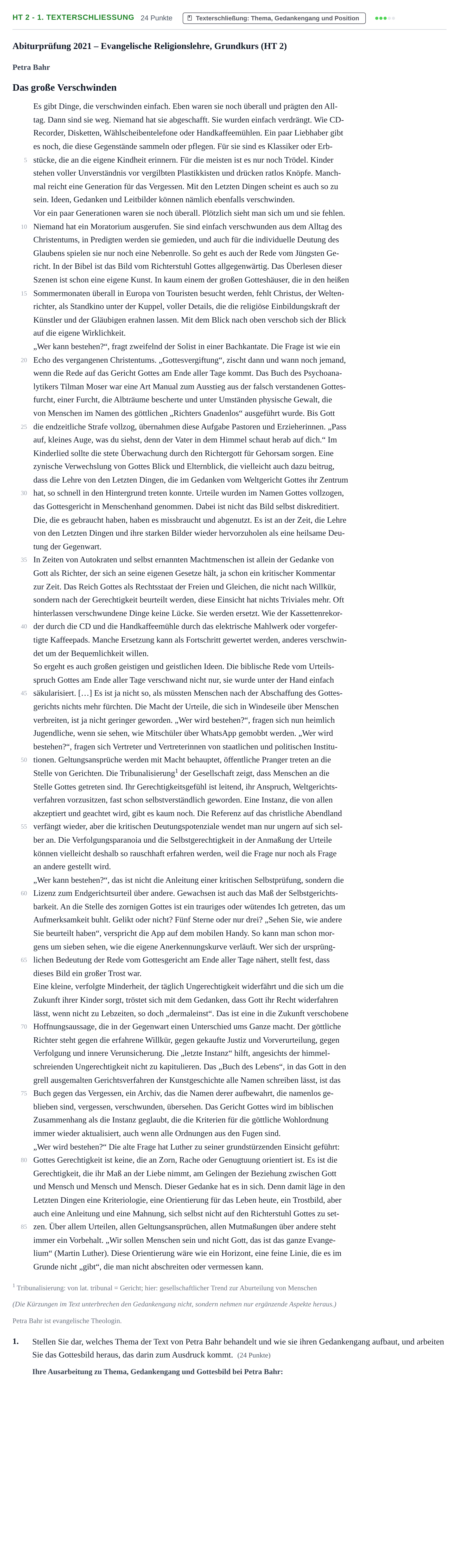 Aufgabenstellung: Aufgabe HT 2 - 1. Texterschließung · Abitur NRW Evangelische Religion GK · Haupttermin 2021
