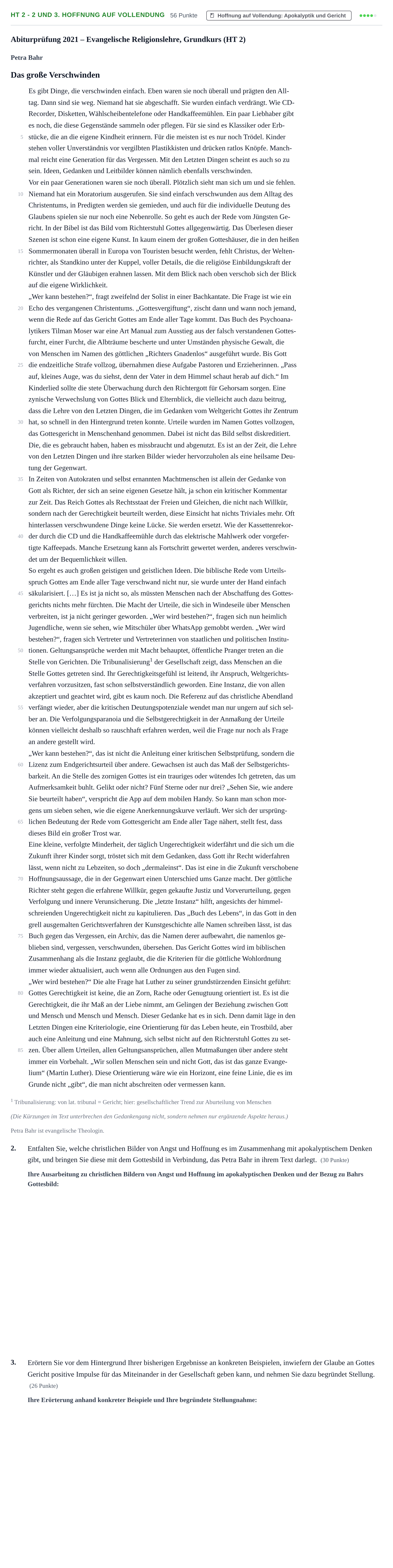 Aufgabenstellung: Aufgabe HT 2 - 2 und 3. Hoffnung auf Vollendung · Abitur NRW Evangelische Religion GK · Haupttermin 2021