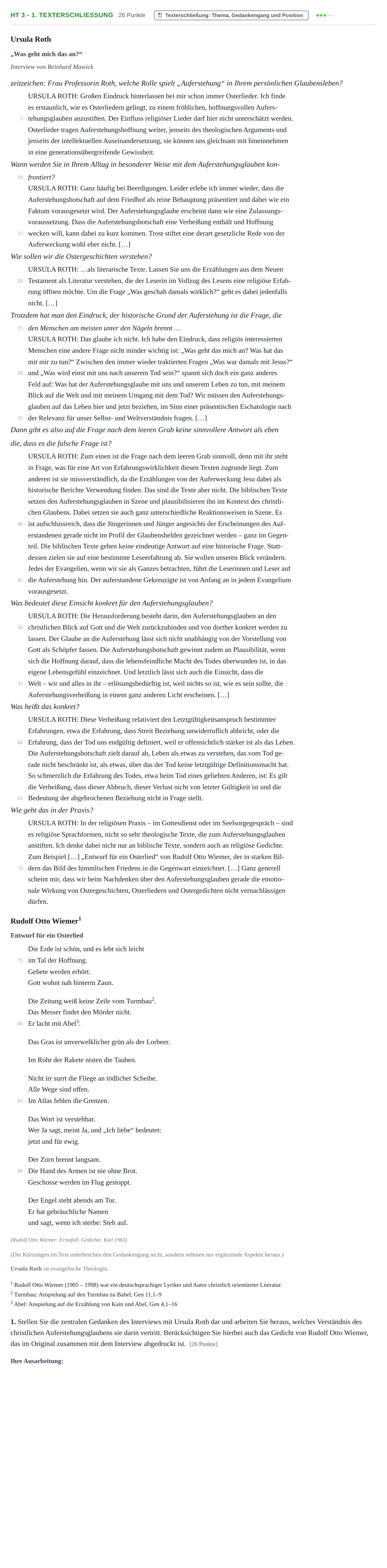 Aufgabenstellung: Aufgabe HT 3 - 1. Texterschließung · Abitur NRW Evangelische Religion GK · Haupttermin 2021