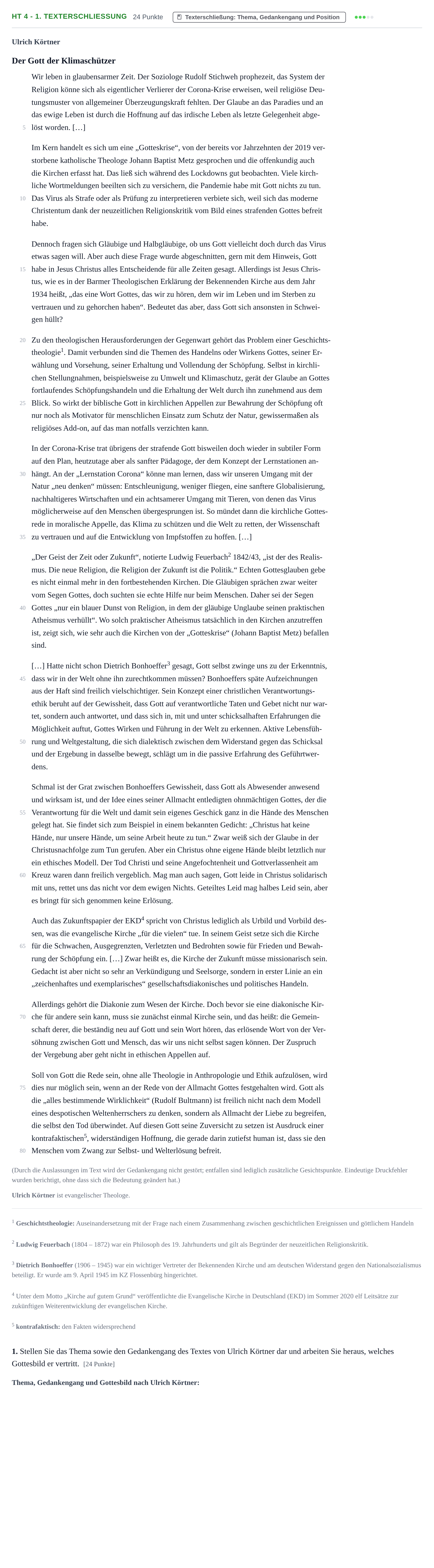 Aufgabenstellung: Aufgabe HT 4 - 1. Texterschließung · Abitur NRW Evangelische Religion GK · Haupttermin 2021