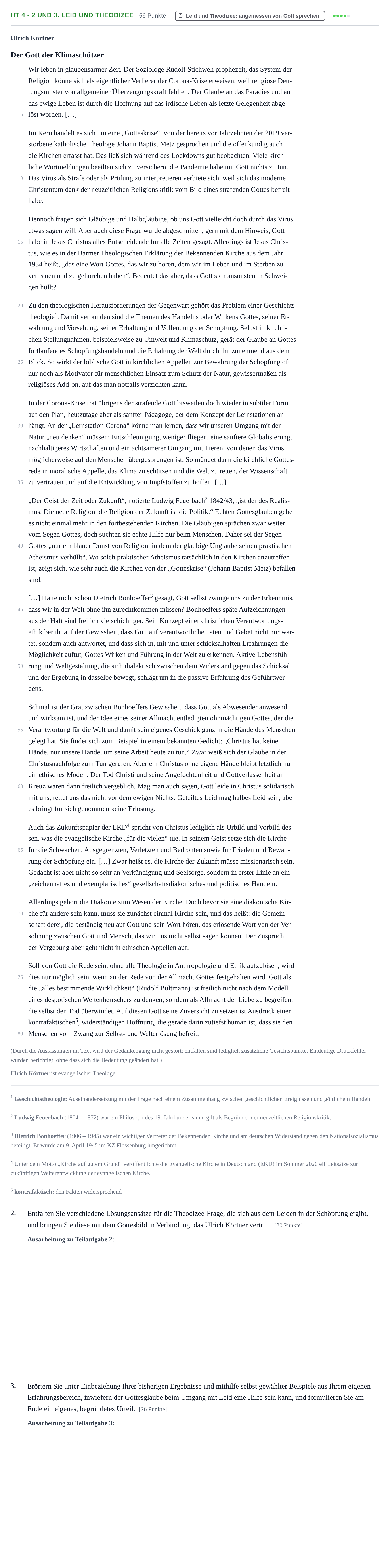 Aufgabenstellung: Aufgabe HT 4 - 2 und 3. Leid und Theodizee · Abitur NRW Evangelische Religion GK · Haupttermin 2021