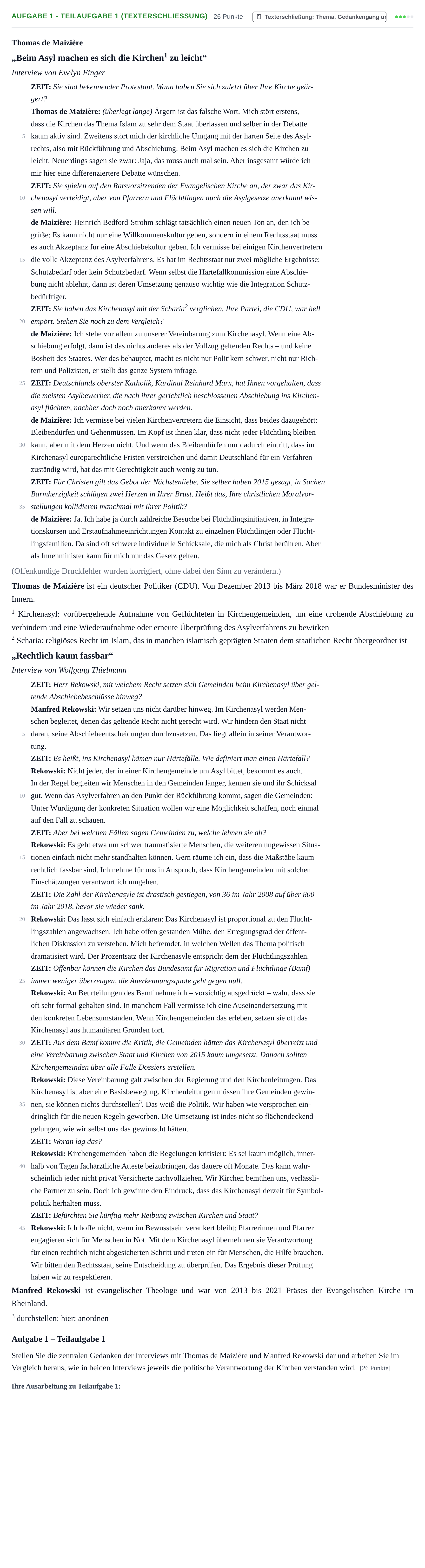 Aufgabenstellung: Aufgabe 1 - Teilaufgabe 1 (Texterschließung) · Abitur NRW Evangelische Religion GK · Haupttermin · Weiterbildungskolleg 2021