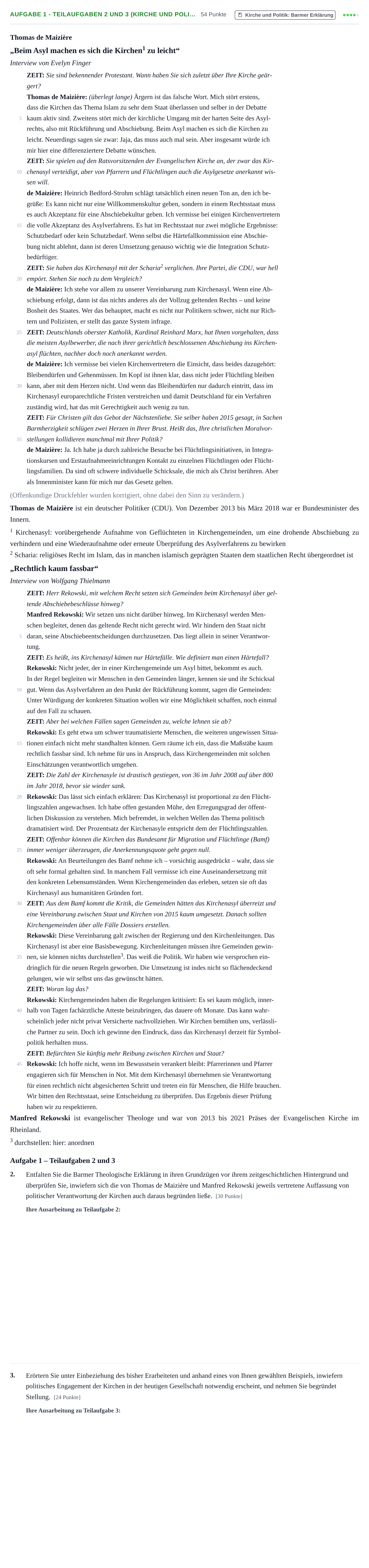 Aufgabenstellung: Aufgabe 1 - Teilaufgaben 2 und 3 (Kirche und Poli… · Abitur NRW Evangelische Religion GK · Haupttermin · Weiterbildungskolleg 2021