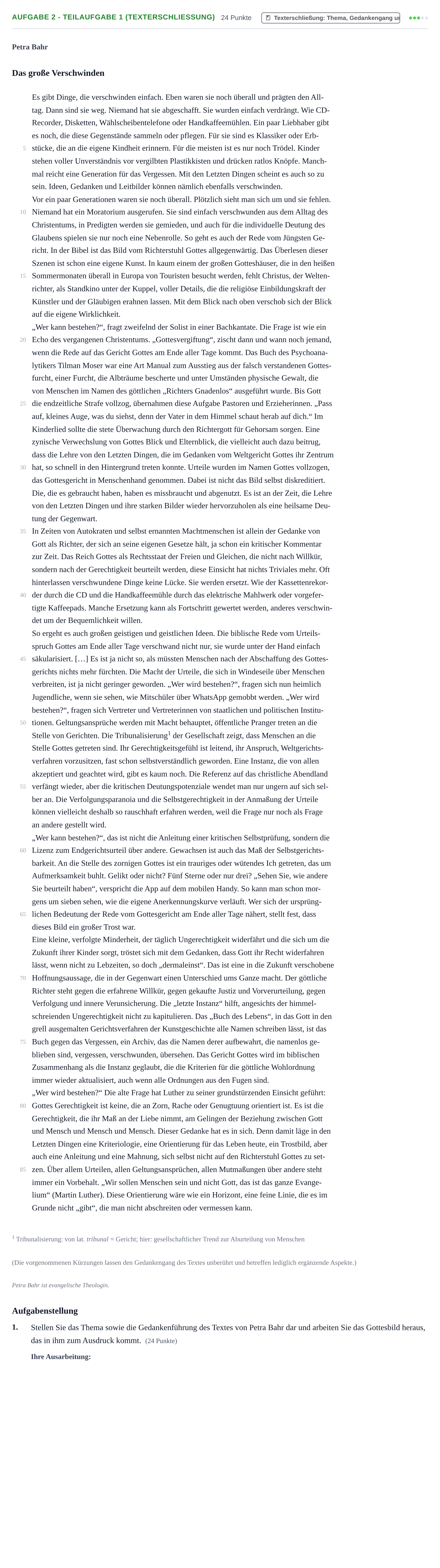 Aufgabenstellung: Aufgabe 2 - Teilaufgabe 1 (Texterschließung) · Abitur NRW Evangelische Religion GK · Haupttermin · Weiterbildungskolleg 2021