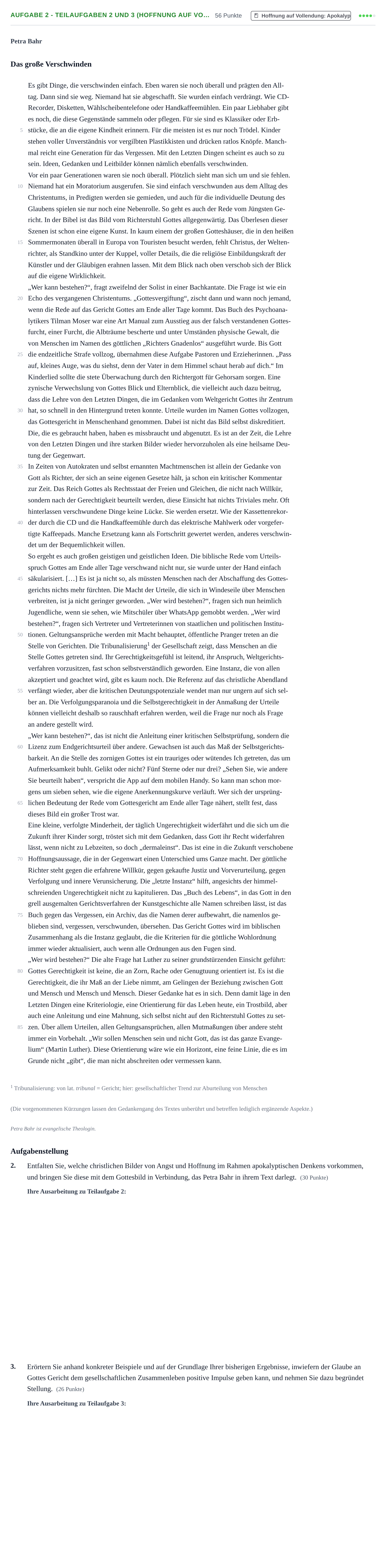 Aufgabenstellung: Aufgabe 2 - Teilaufgaben 2 und 3 (Hoffnung auf Vo… · Abitur NRW Evangelische Religion GK · Haupttermin · Weiterbildungskolleg 2021