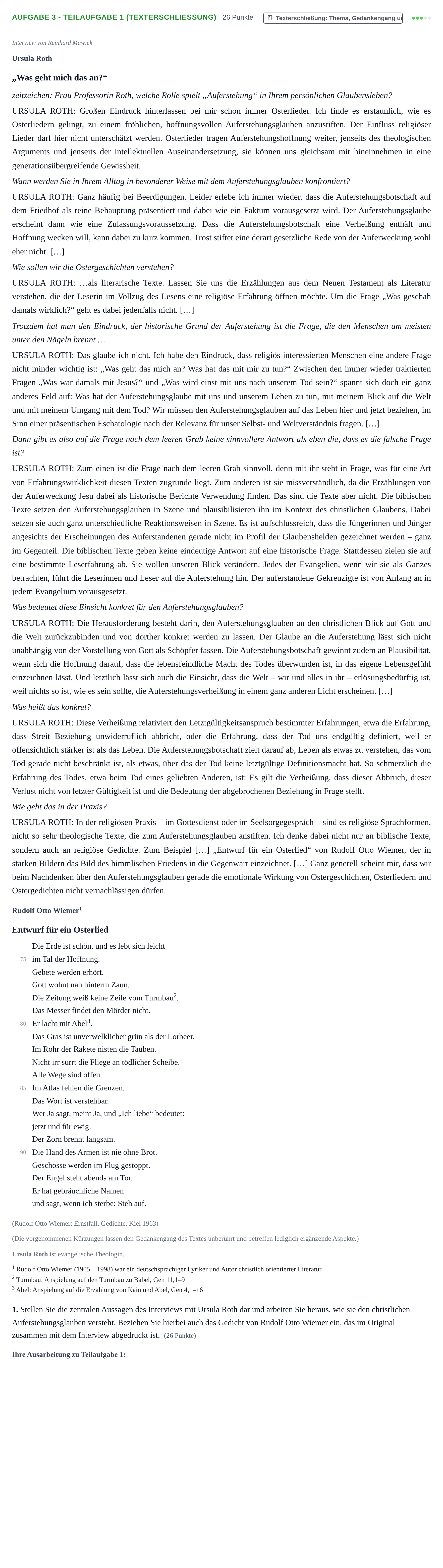 Aufgabenstellung: Aufgabe 3 - Teilaufgabe 1 (Texterschließung) · Abitur NRW Evangelische Religion GK · Haupttermin · Weiterbildungskolleg 2021