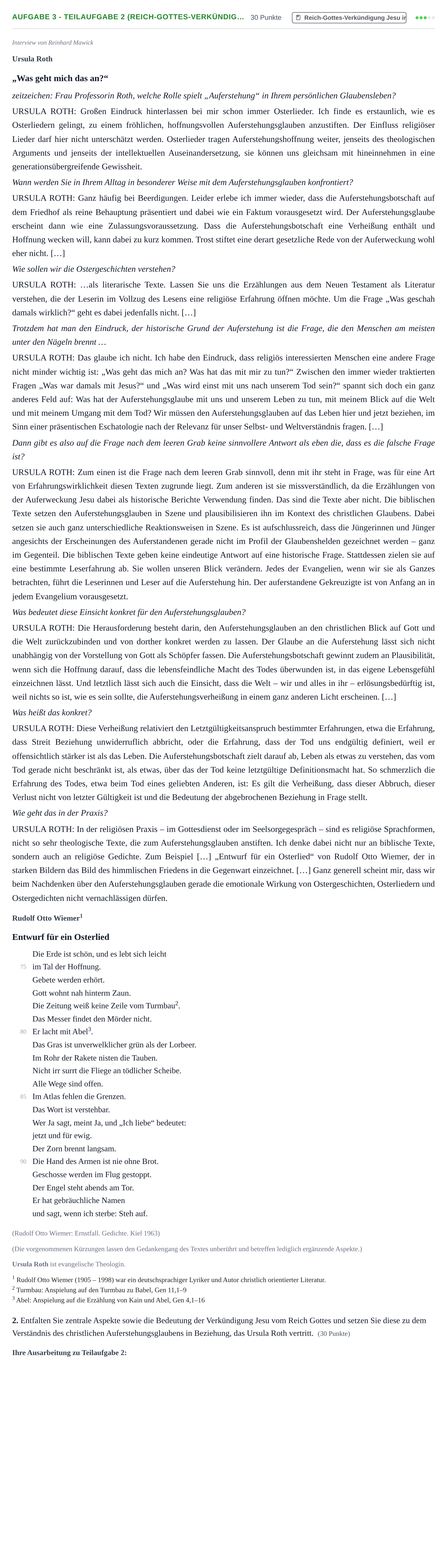 Aufgabenstellung: Aufgabe 3 - Teilaufgabe 2 (Reich-Gottes-Verkündig… · Abitur NRW Evangelische Religion GK · Haupttermin · Weiterbildungskolleg 2021