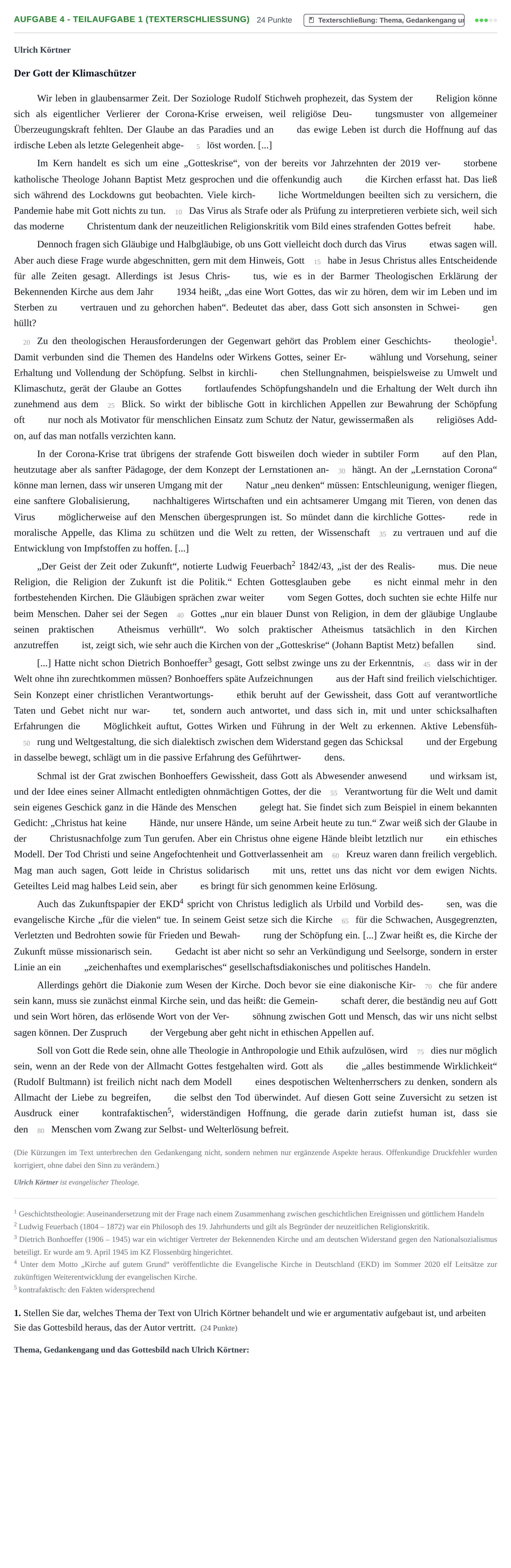 Aufgabenstellung: Aufgabe 4 - Teilaufgabe 1 (Texterschließung) · Abitur NRW Evangelische Religion GK · Haupttermin · Weiterbildungskolleg 2021