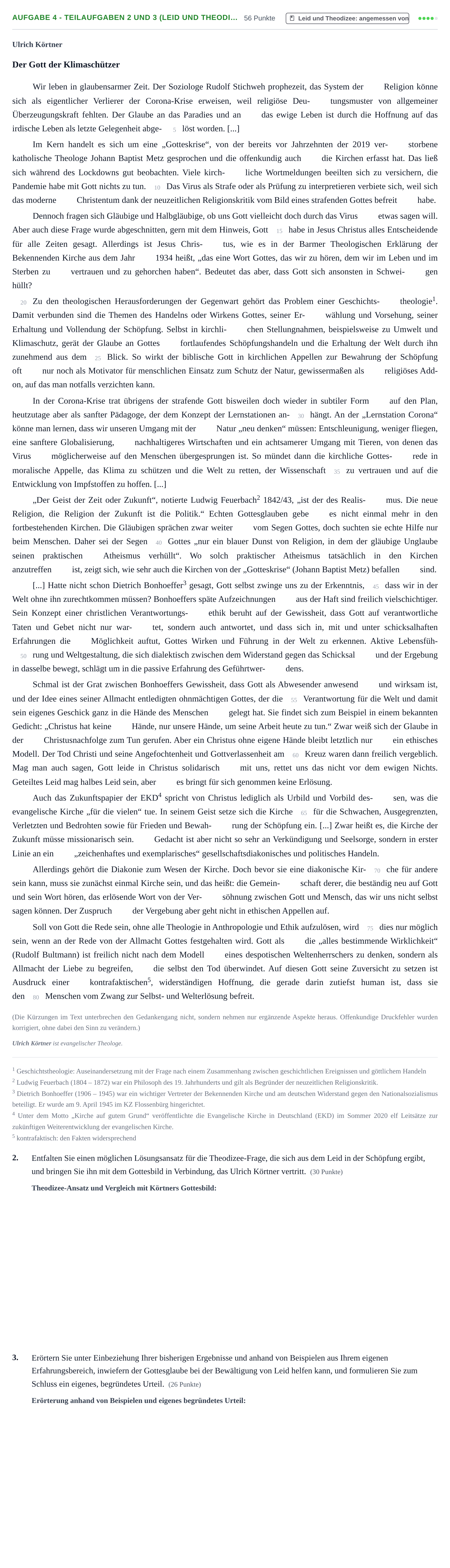 Aufgabenstellung: Aufgabe 4 - Teilaufgaben 2 und 3 (Leid und Theodi… · Abitur NRW Evangelische Religion GK · Haupttermin · Weiterbildungskolleg 2021