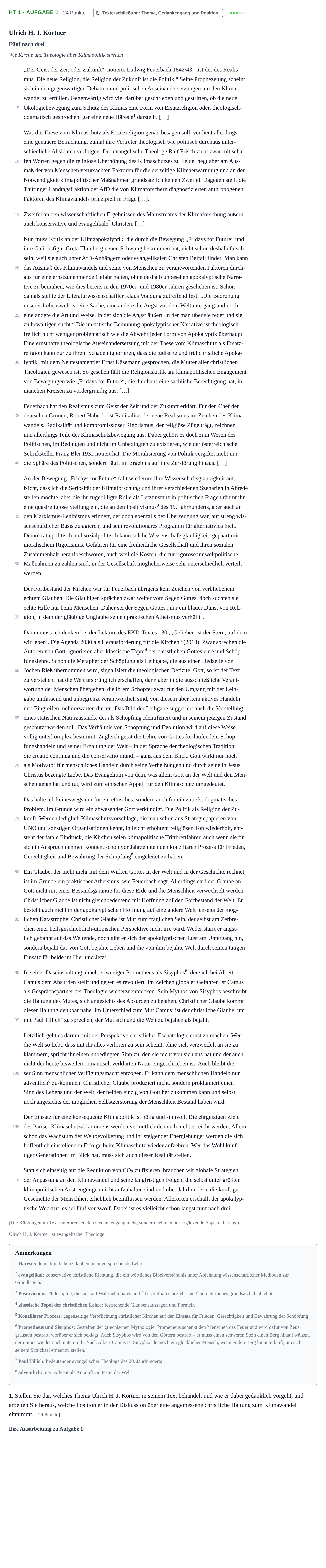 Aufgabenstellung: Aufgabe HT 1 - Aufgabe 1 · Abitur NRW Evangelische Religion LK · Haupttermin 2021