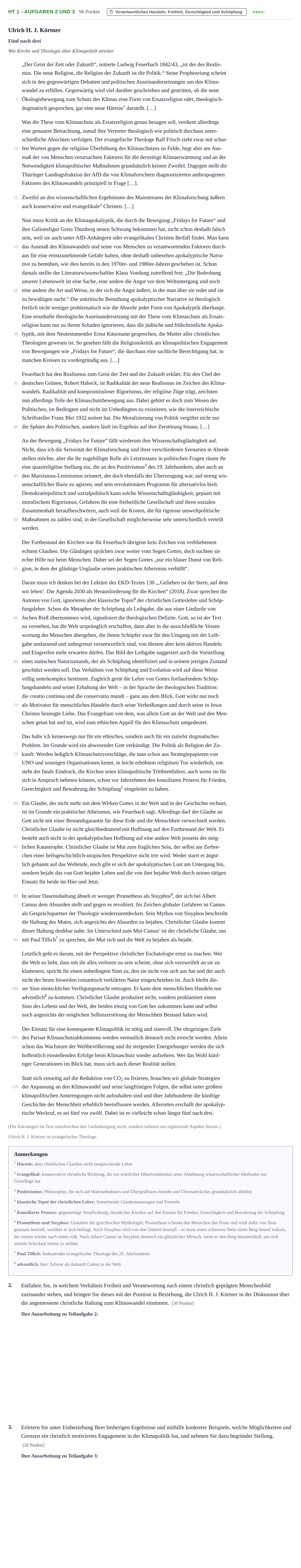 Aufgabenstellung: Aufgabe HT 1 - Aufgaben 2 und 3 · Abitur NRW Evangelische Religion LK · Haupttermin 2021