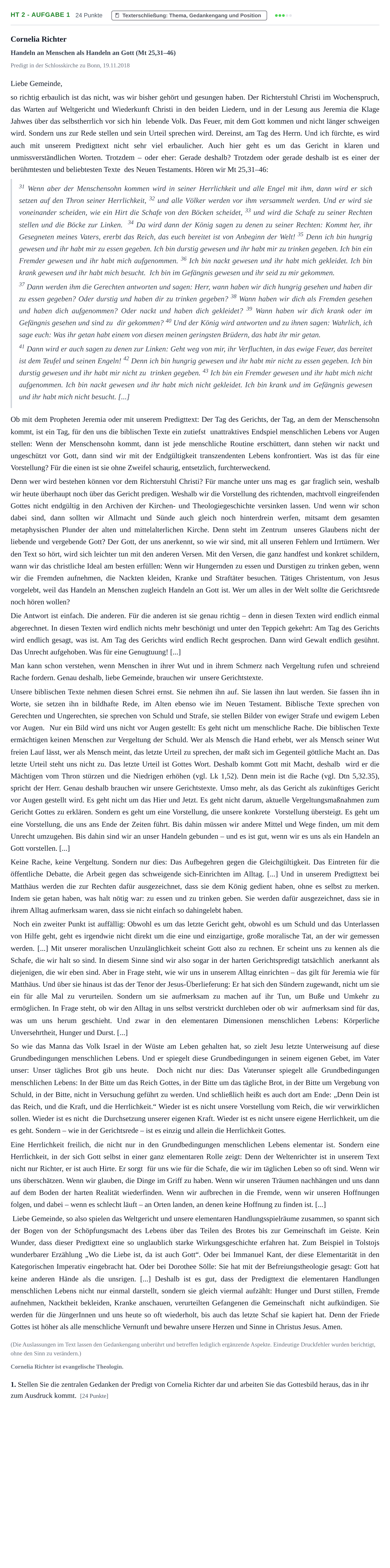 Aufgabenstellung: Aufgabe HT 2 - Aufgabe 1 · Abitur NRW Evangelische Religion LK · Haupttermin 2021