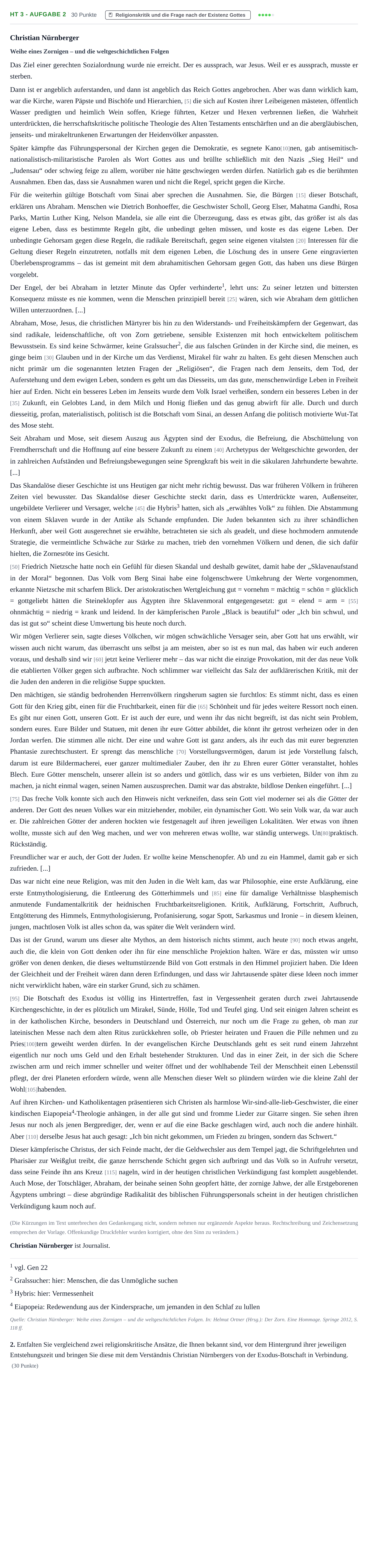 Aufgabenstellung: Aufgabe HT 3 - Aufgabe 2 · Abitur NRW Evangelische Religion LK · Haupttermin 2021