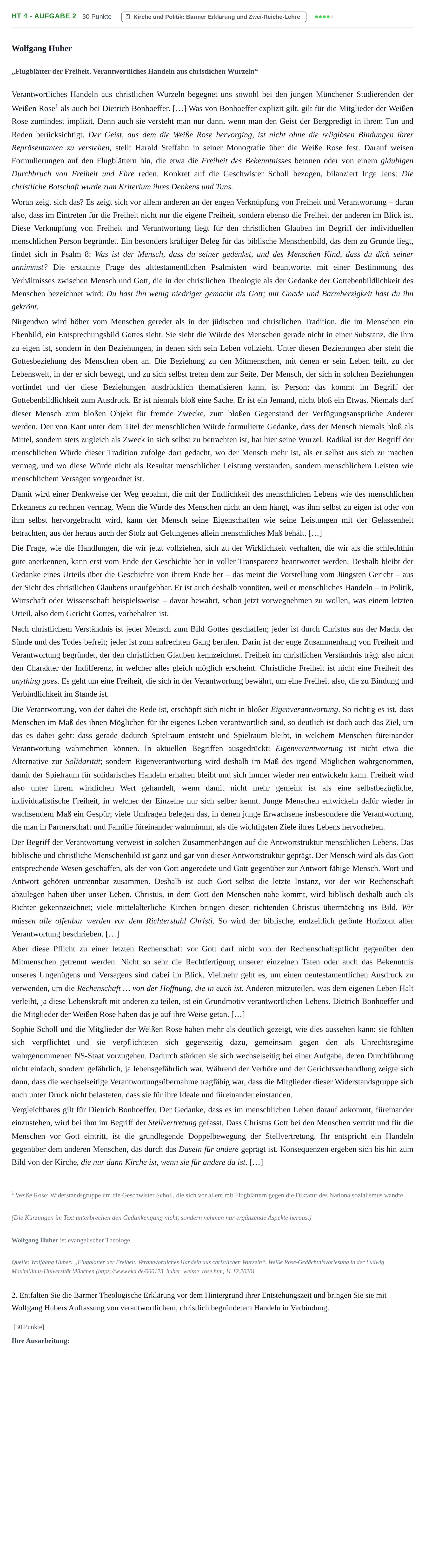 Aufgabenstellung: Aufgabe HT 4 - Aufgabe 2 · Abitur NRW Evangelische Religion LK · Haupttermin 2021