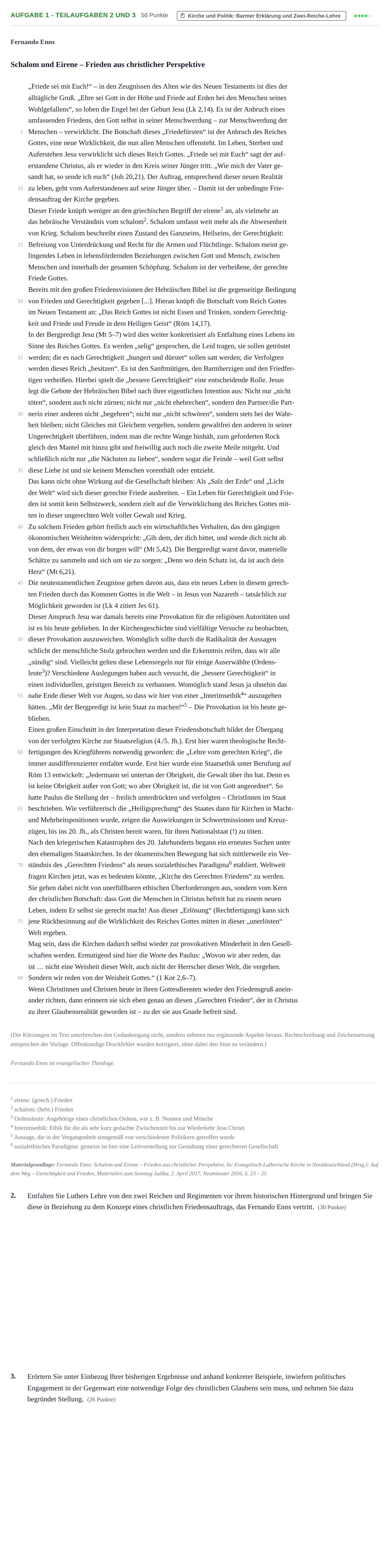 Aufgabenstellung: Aufgabe 1 - Teilaufgaben 2 und 3 · Abitur NRW Evangelische Religion GK · Haupttermin 2022