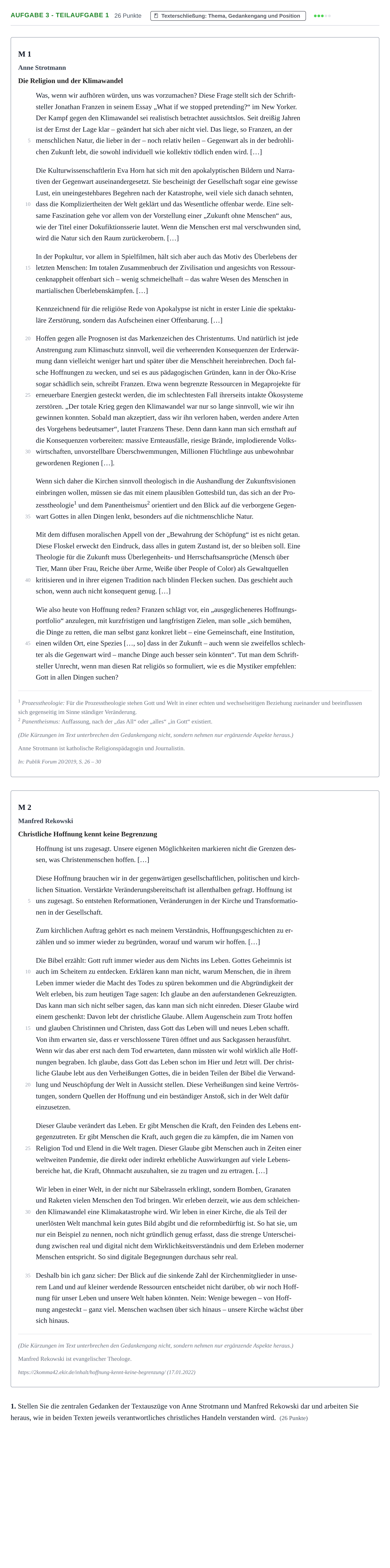 Aufgabenstellung: Aufgabe 3 - Teilaufgabe 1 · Abitur NRW Evangelische Religion GK · Haupttermin 2022