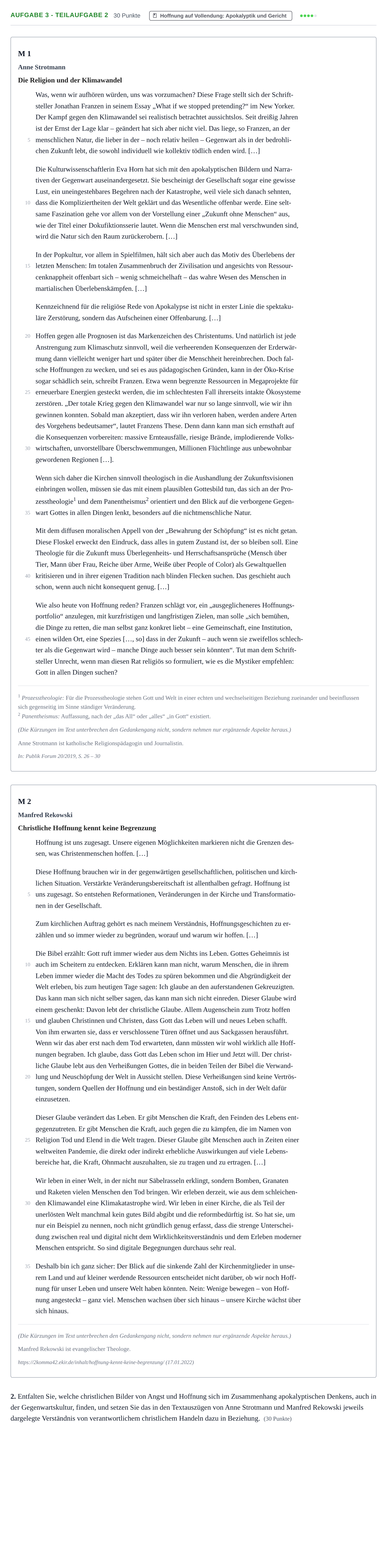 Aufgabenstellung: Aufgabe 3 - Teilaufgabe 2 · Abitur NRW Evangelische Religion GK · Haupttermin 2022