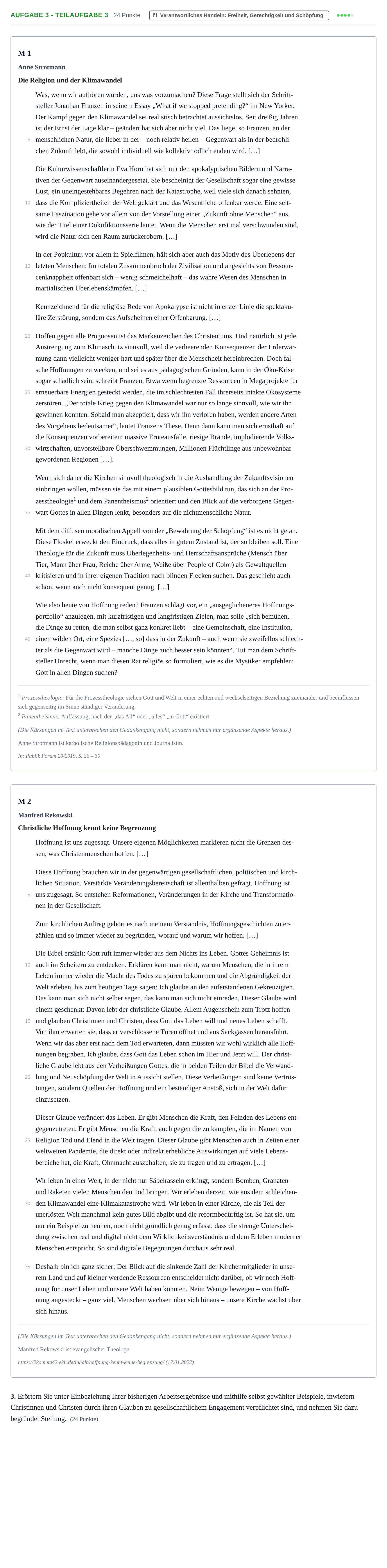 Aufgabenstellung: Aufgabe 3 - Teilaufgabe 3 · Abitur NRW Evangelische Religion GK · Haupttermin 2022
