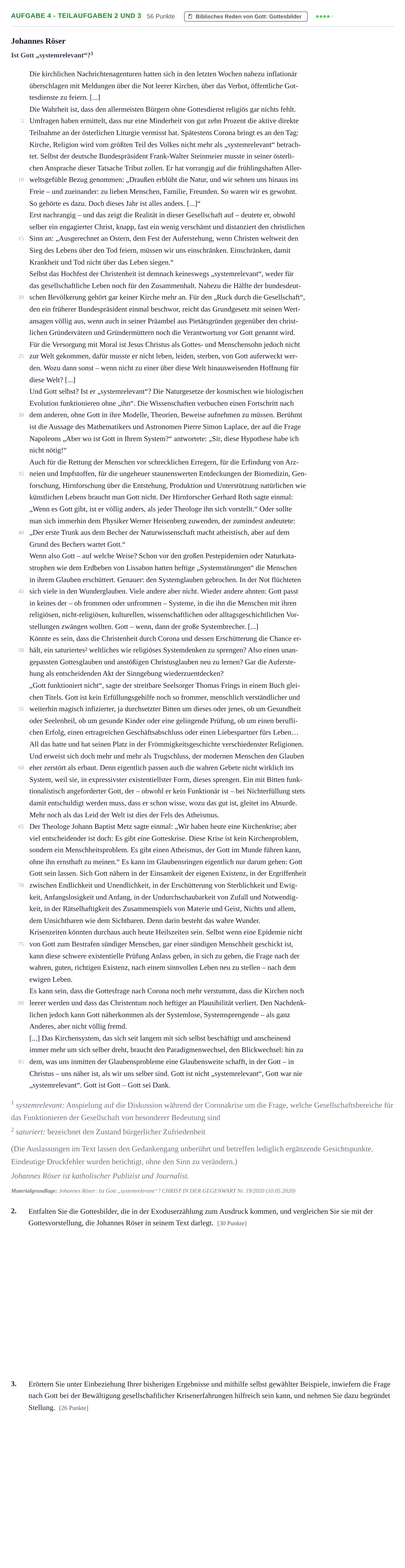 Aufgabenstellung: Aufgabe 4 - Teilaufgaben 2 und 3 · Abitur NRW Evangelische Religion GK · Haupttermin 2022