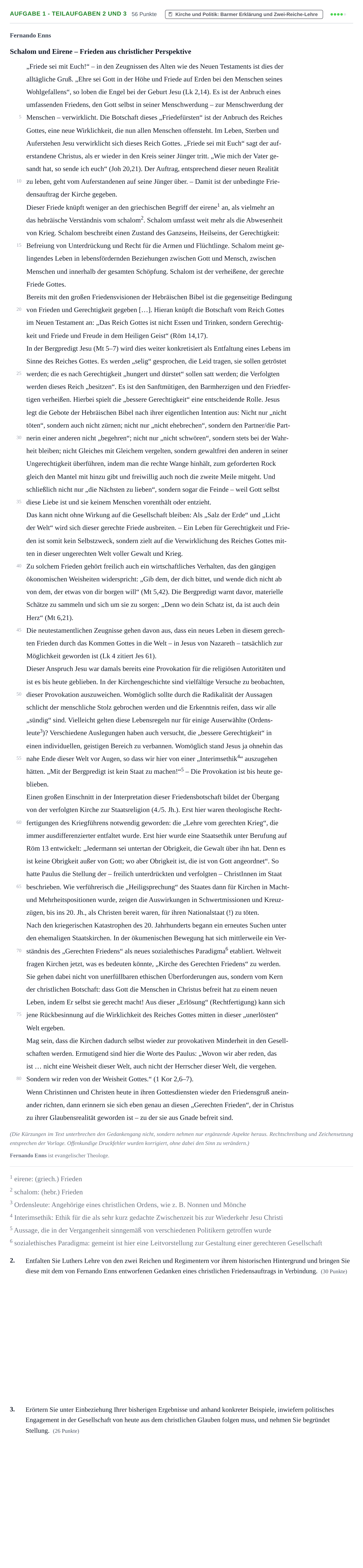 Aufgabenstellung: Aufgabe 1 - Teilaufgaben 2 und 3 · Abitur NRW Evangelische Religion GK · Haupttermin · Weiterbildungskolleg 2022