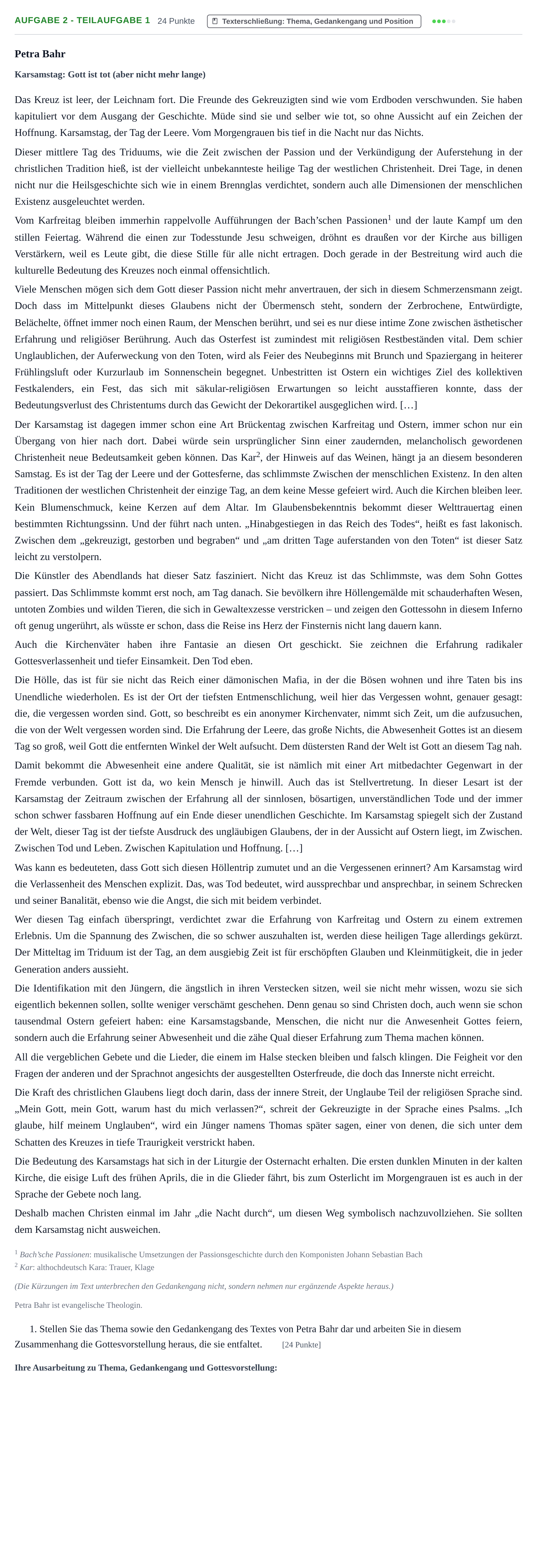 Aufgabenstellung: Aufgabe 2 - Teilaufgabe 1 · Abitur NRW Evangelische Religion GK · Haupttermin · Weiterbildungskolleg 2022