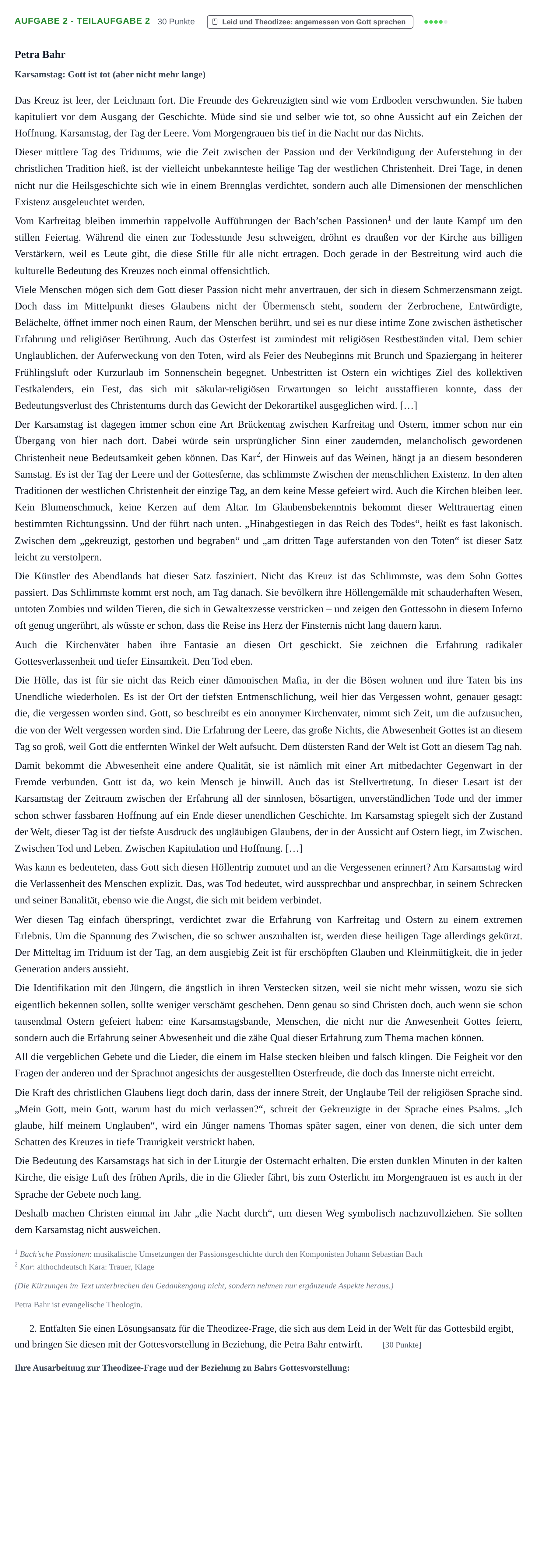 Aufgabenstellung: Aufgabe 2 - Teilaufgabe 2 · Abitur NRW Evangelische Religion GK · Haupttermin · Weiterbildungskolleg 2022