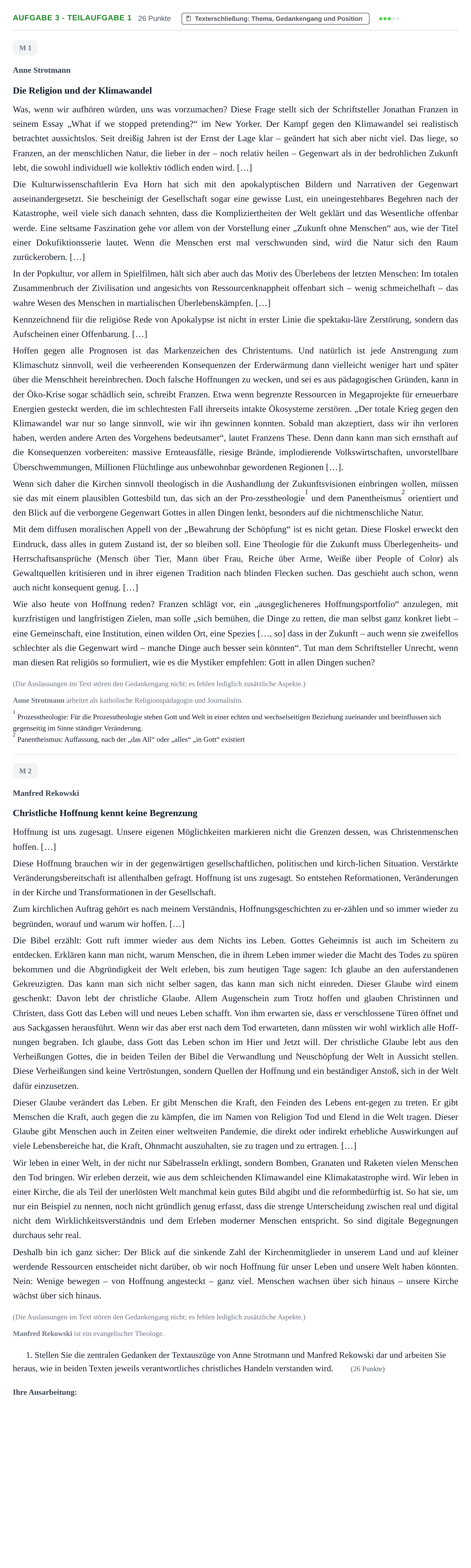 Aufgabenstellung: Aufgabe 3 - Teilaufgabe 1 · Abitur NRW Evangelische Religion GK · Haupttermin · Weiterbildungskolleg 2022
