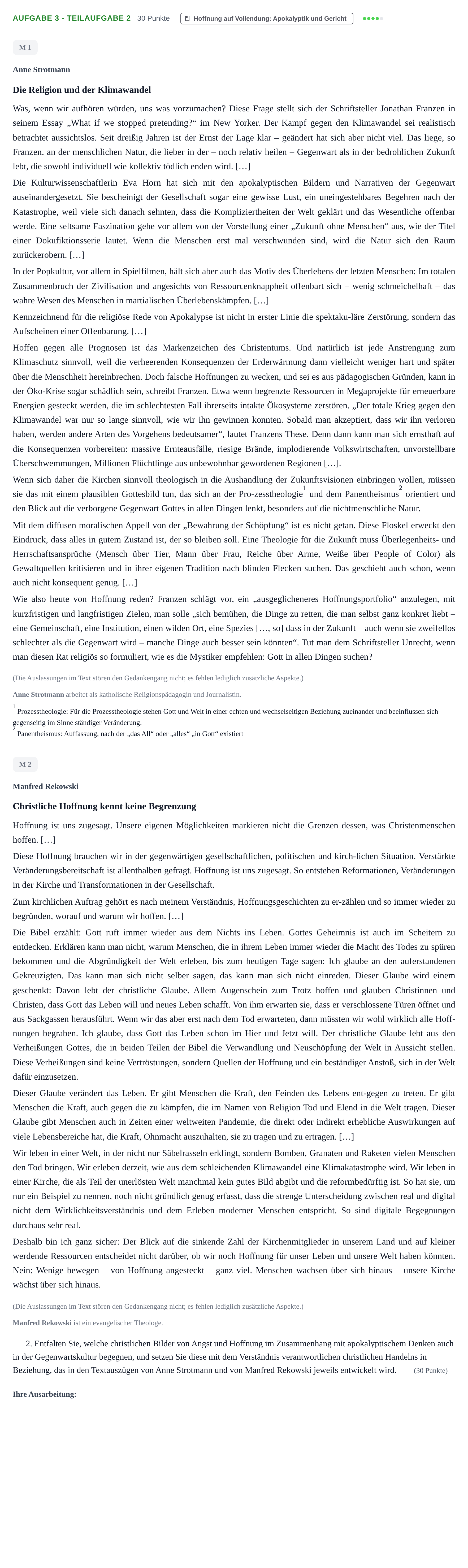 Aufgabenstellung: Aufgabe 3 - Teilaufgabe 2 · Abitur NRW Evangelische Religion GK · Haupttermin · Weiterbildungskolleg 2022