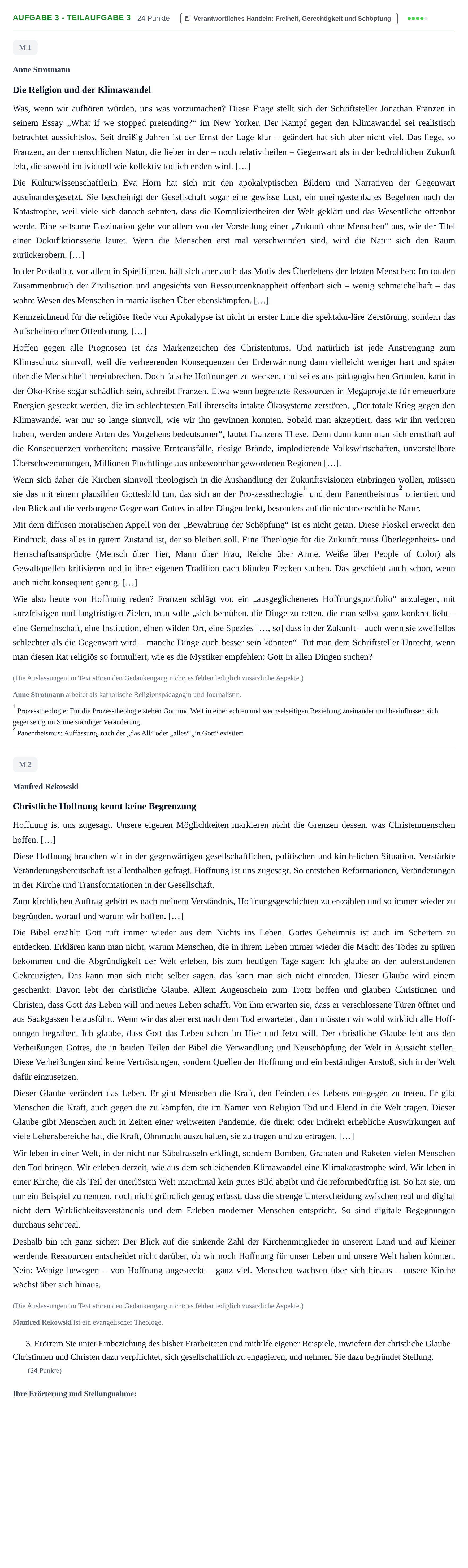 Aufgabenstellung: Aufgabe 3 - Teilaufgabe 3 · Abitur NRW Evangelische Religion GK · Haupttermin · Weiterbildungskolleg 2022