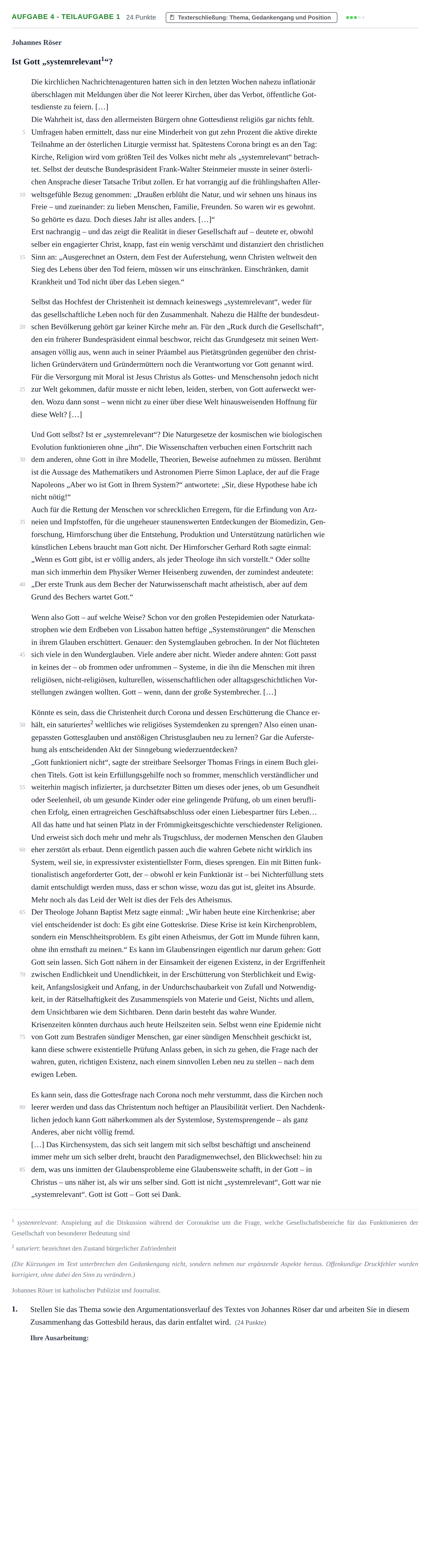 Aufgabenstellung: Aufgabe 4 - Teilaufgabe 1 · Abitur NRW Evangelische Religion GK · Haupttermin · Weiterbildungskolleg 2022
