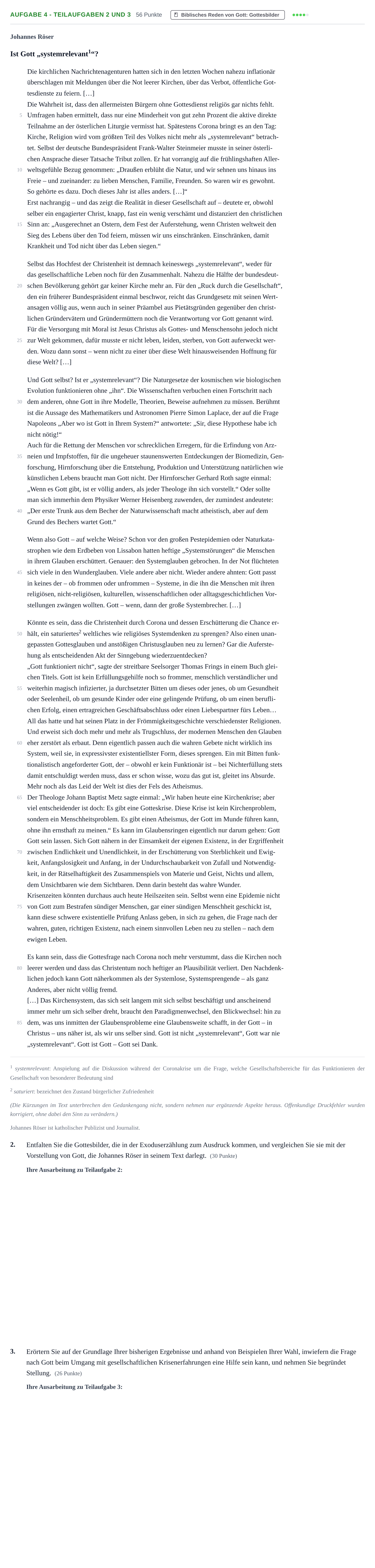 Aufgabenstellung: Aufgabe 4 - Teilaufgaben 2 und 3 · Abitur NRW Evangelische Religion GK · Haupttermin · Weiterbildungskolleg 2022