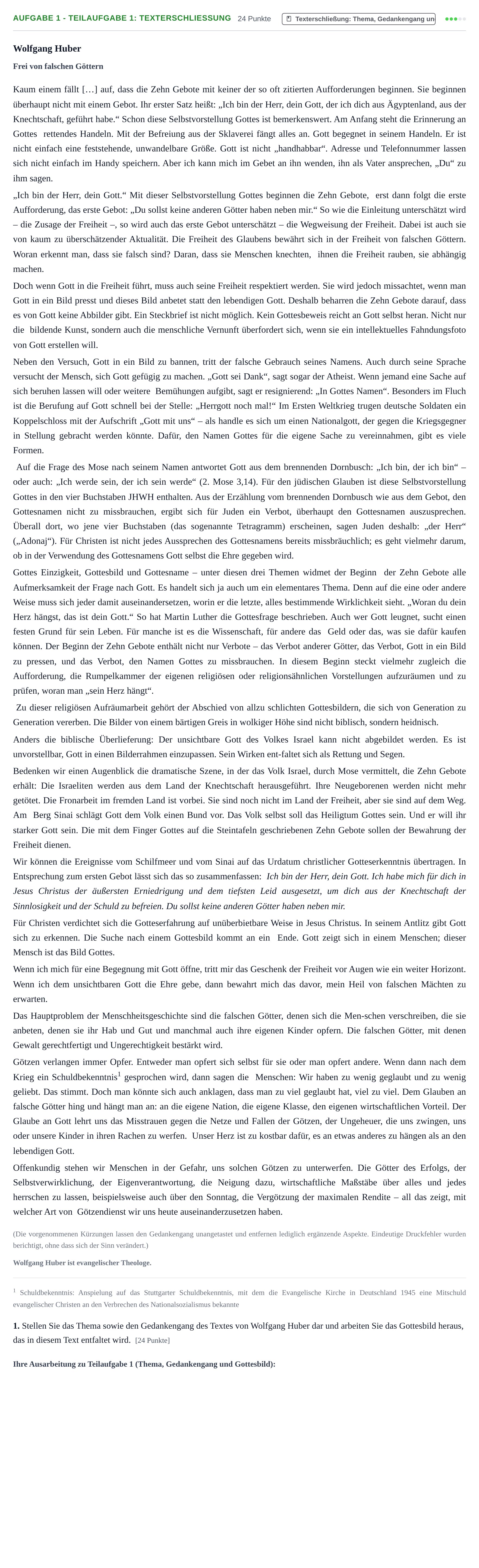 Aufgabenstellung: Aufgabe 1 - Teilaufgabe 1: Texterschließung · Abitur NRW Evangelische Religion GK · Nachtermin 2022