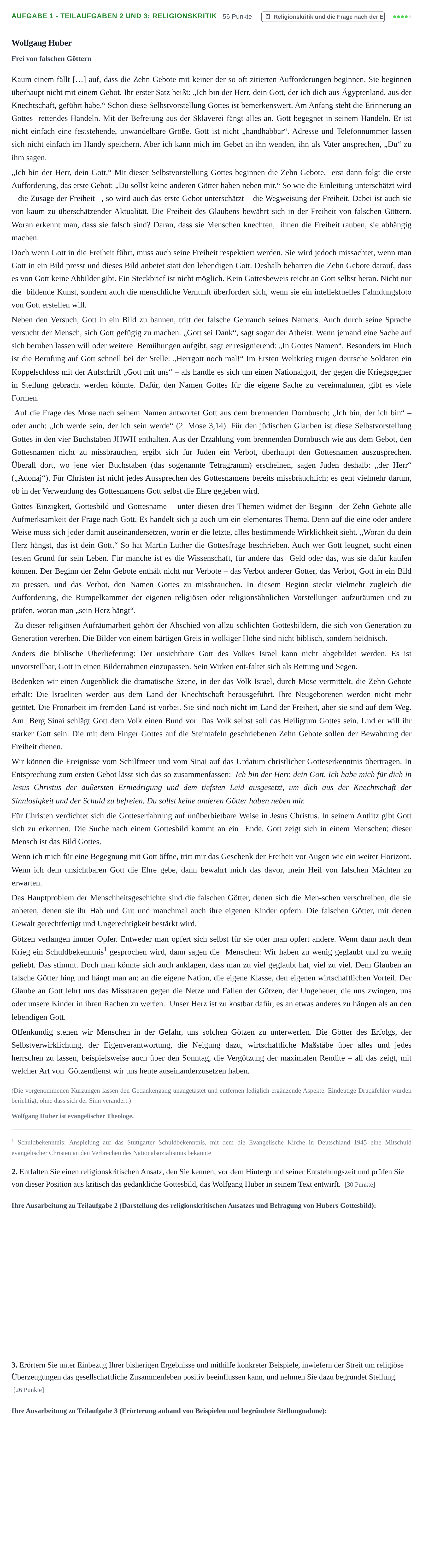 Aufgabenstellung: Aufgabe 1 - Teilaufgaben 2 und 3: Religionskritik · Abitur NRW Evangelische Religion GK · Nachtermin 2022
