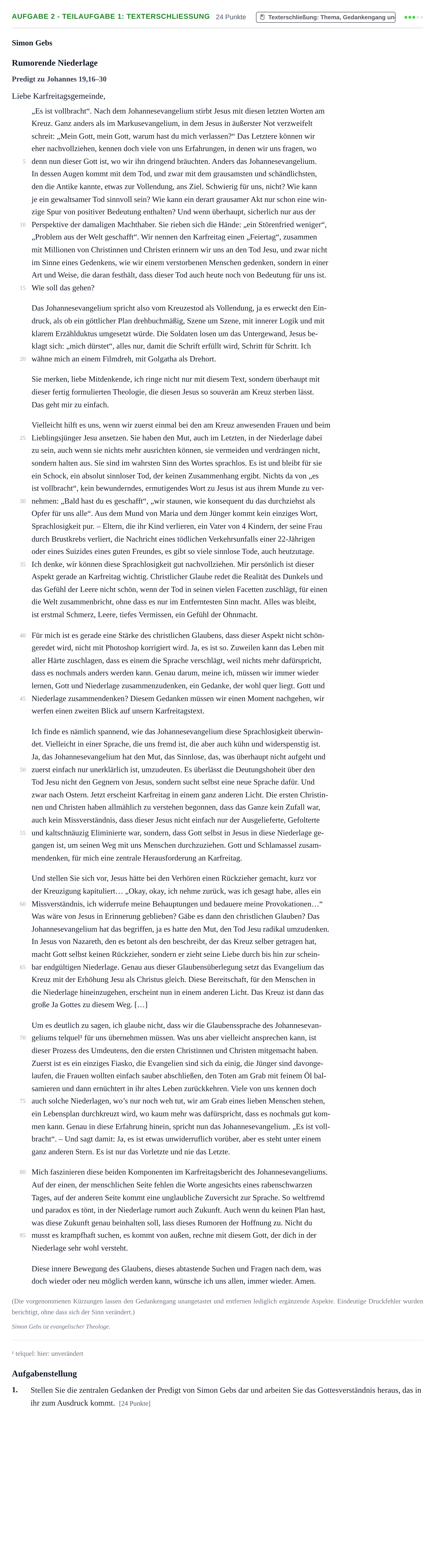 Aufgabenstellung: Aufgabe 2 - Teilaufgabe 1: Texterschließung · Abitur NRW Evangelische Religion GK · Nachtermin 2022