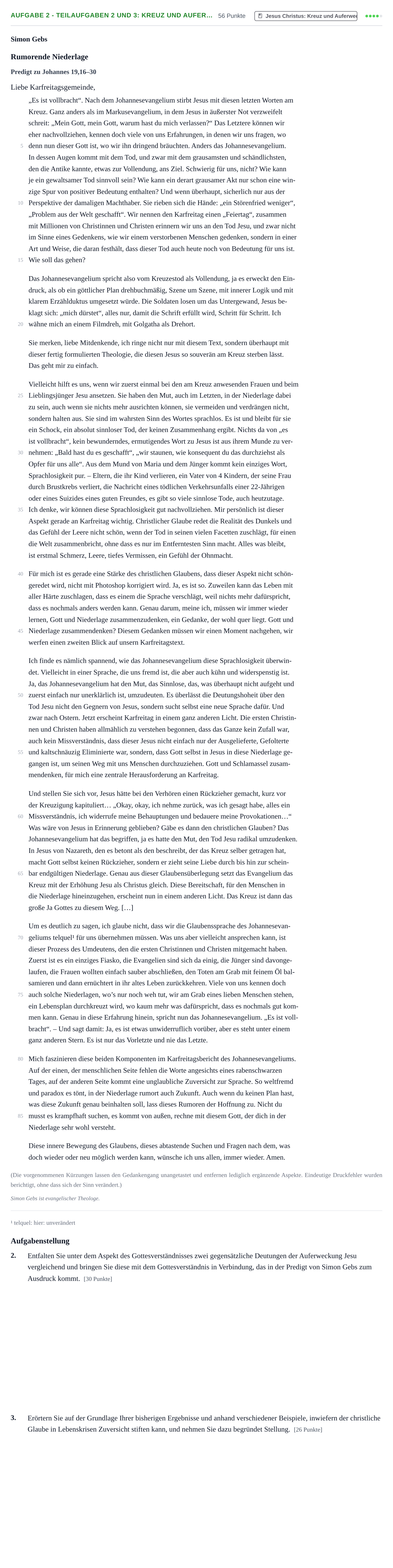 Aufgabenstellung: Aufgabe 2 - Teilaufgaben 2 und 3: Kreuz und Aufer… · Abitur NRW Evangelische Religion GK · Nachtermin 2022