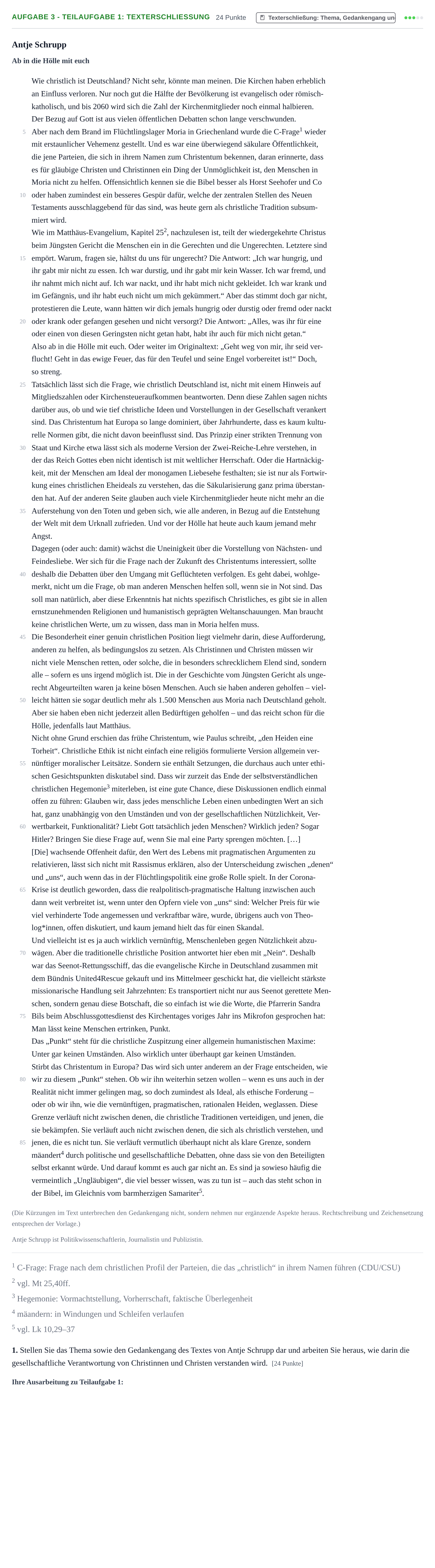 Aufgabenstellung: Aufgabe 3 - Teilaufgabe 1: Texterschließung · Abitur NRW Evangelische Religion GK · Nachtermin 2022