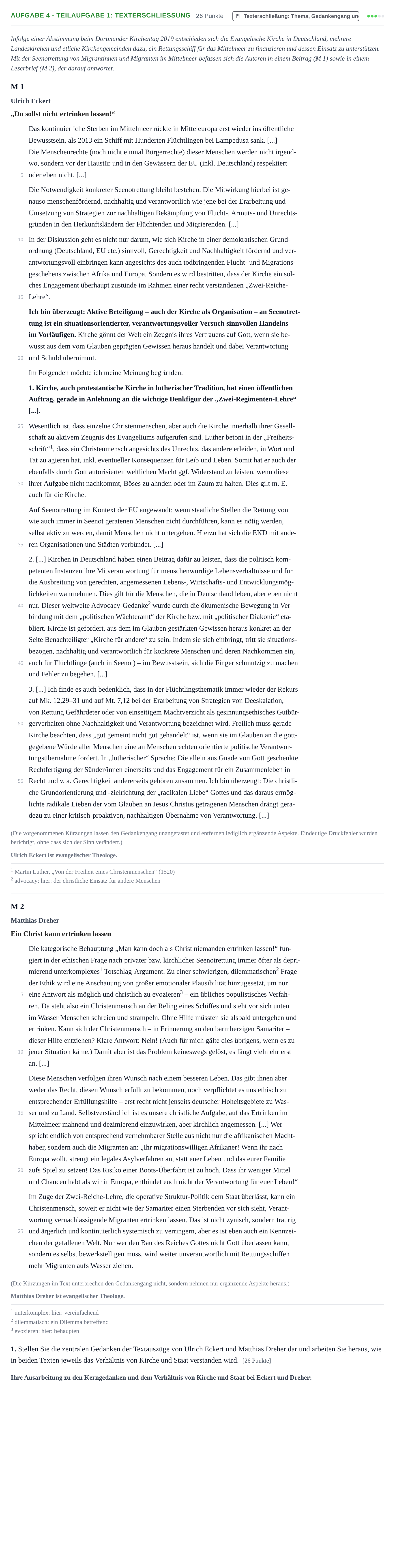 Aufgabenstellung: Aufgabe 4 - Teilaufgabe 1: Texterschließung · Abitur NRW Evangelische Religion GK · Nachtermin 2022