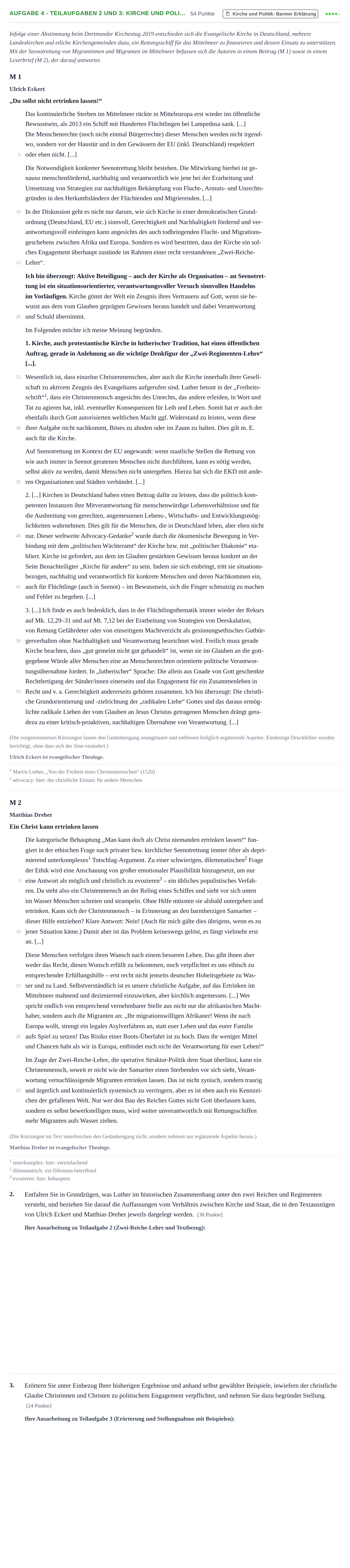 Aufgabenstellung: Aufgabe 4 - Teilaufgaben 2 und 3: Kirche und Poli… · Abitur NRW Evangelische Religion GK · Nachtermin 2022