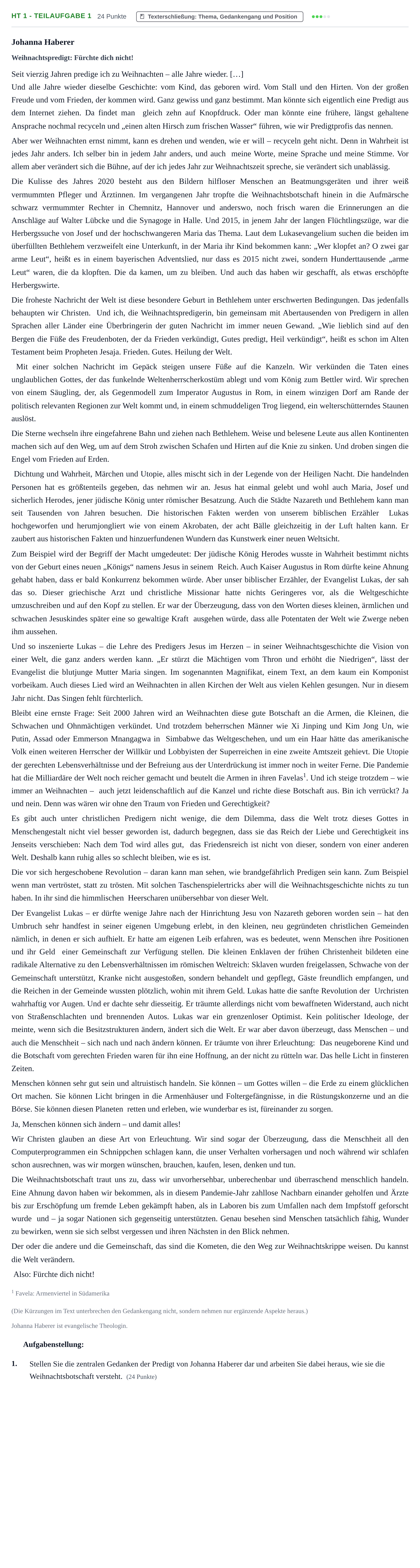 Aufgabenstellung: Aufgabe HT 1 - Teilaufgabe 1 · Abitur NRW Evangelische Religion LK · Haupttermin 2022