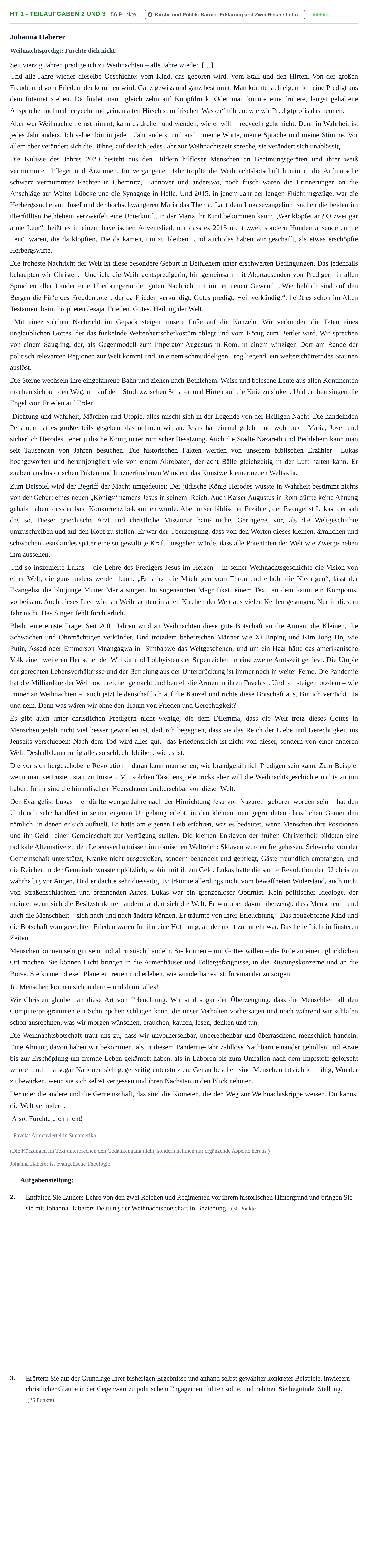 Aufgabenstellung: Aufgabe HT 1 - Teilaufgaben 2 und 3 · Abitur NRW Evangelische Religion LK · Haupttermin 2022